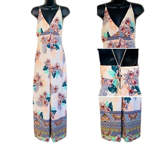 Ark & Co Abstract Tropical Floral Print Lace Up Back Crepe Jumpsuit Sz S - Picture 3 of 15